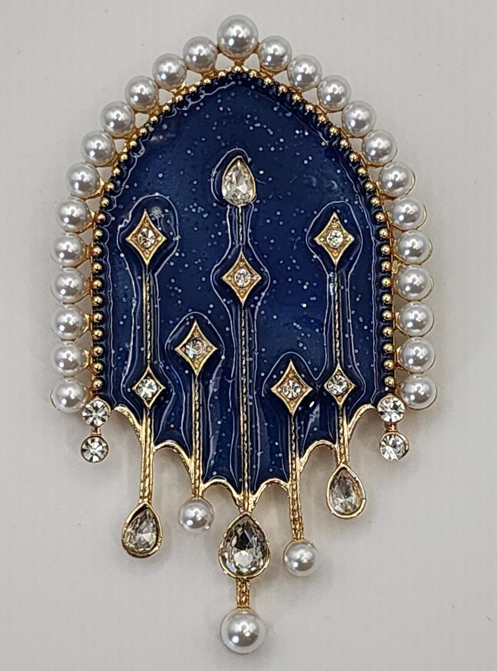 Blue Enamel & Faux Pearl Brooch Starry Night Shield Design & Hanging Rhinestones